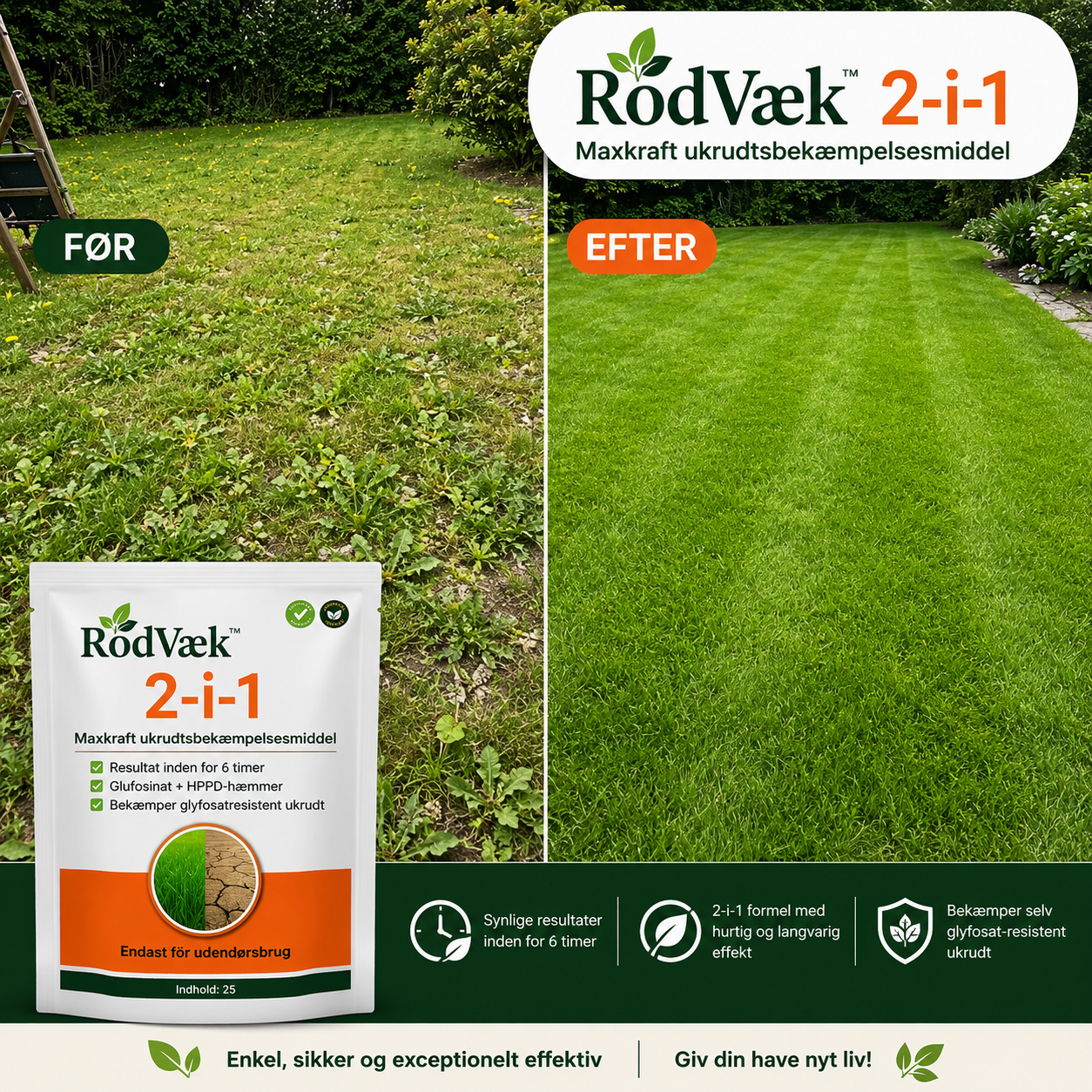 MEGA TILBUD / RodVæk™ 2-i-1 Max Power | Se ukrudtet visne allerede inden for 6 timer!