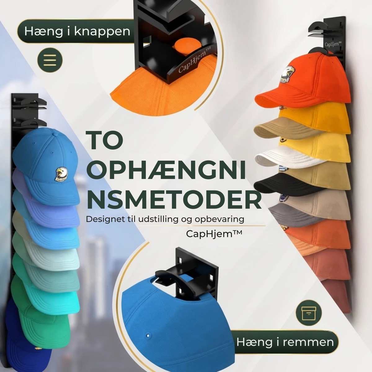 CapHjem™ - Hatorganizer-gave til kasketelskere – vægmonteret kasketholder, nem at installere