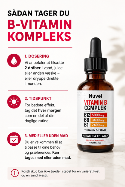 Nuvel Vitamin B-Kompleks Dråber, B12, B6, B3 & Folat i praktiske dråber