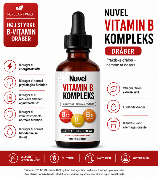 Nuvel Vitamin B-Kompleks Dråber, B12, B6, B3 & Folat i praktiske dråber