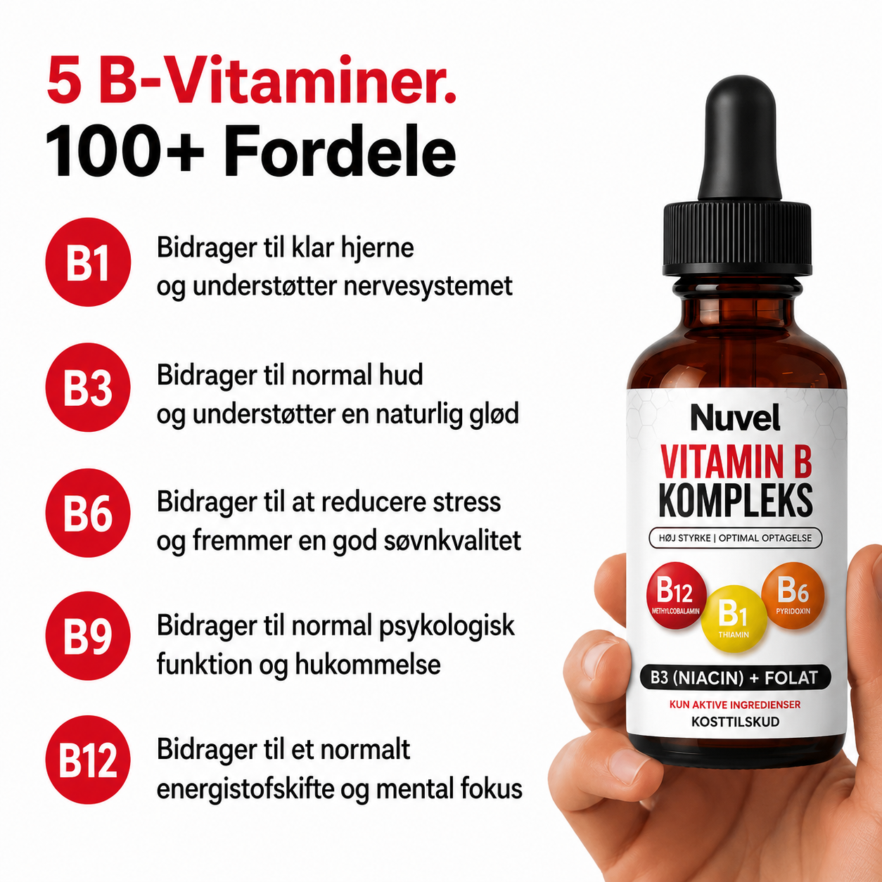 Nuvel Vitamin B-Kompleks Dråber, B12, B6, B3 & Folat i praktiske dråber