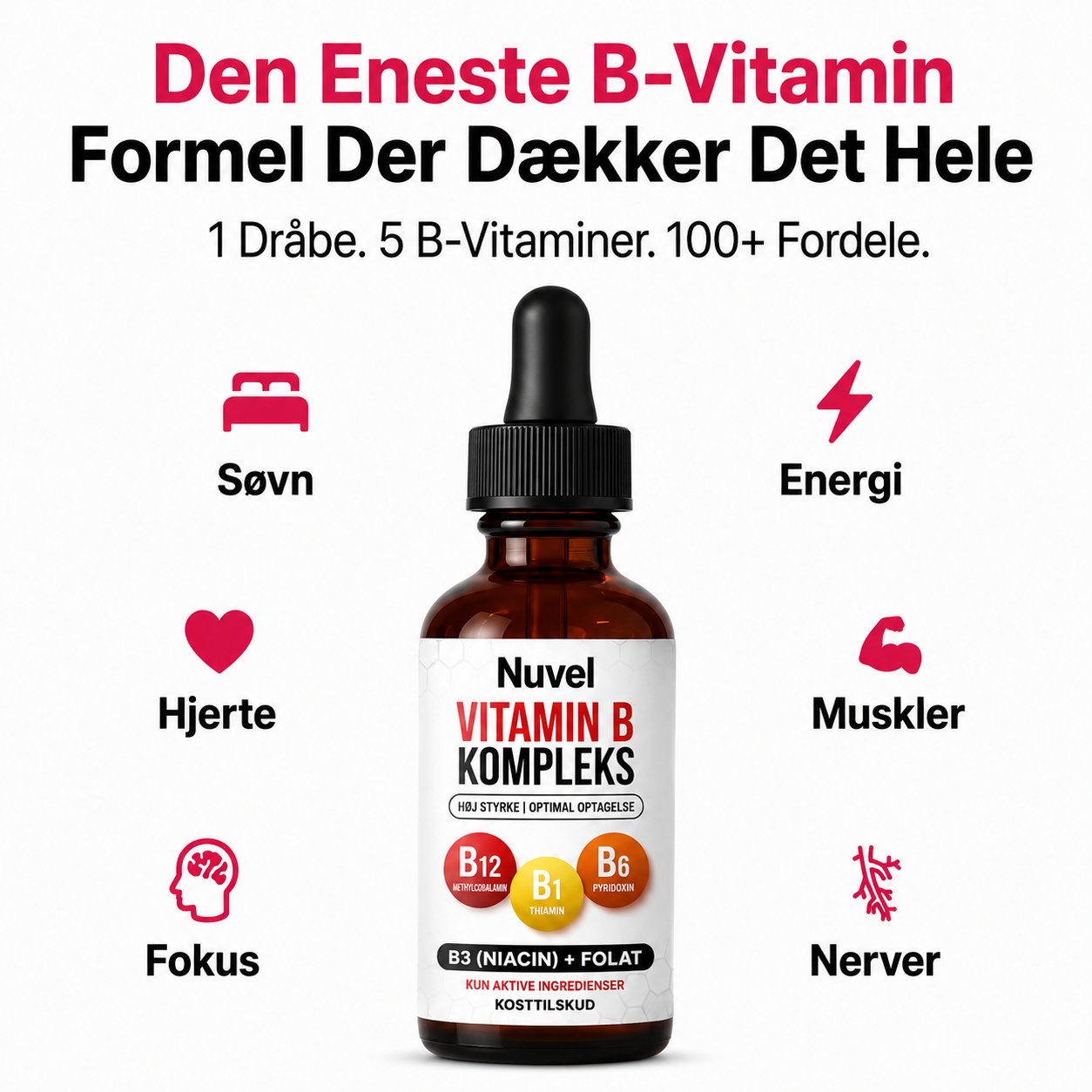 Nuvel Vitamin B-Kompleks Dråber, B12, B6, B3 & Folat i praktiske dråber