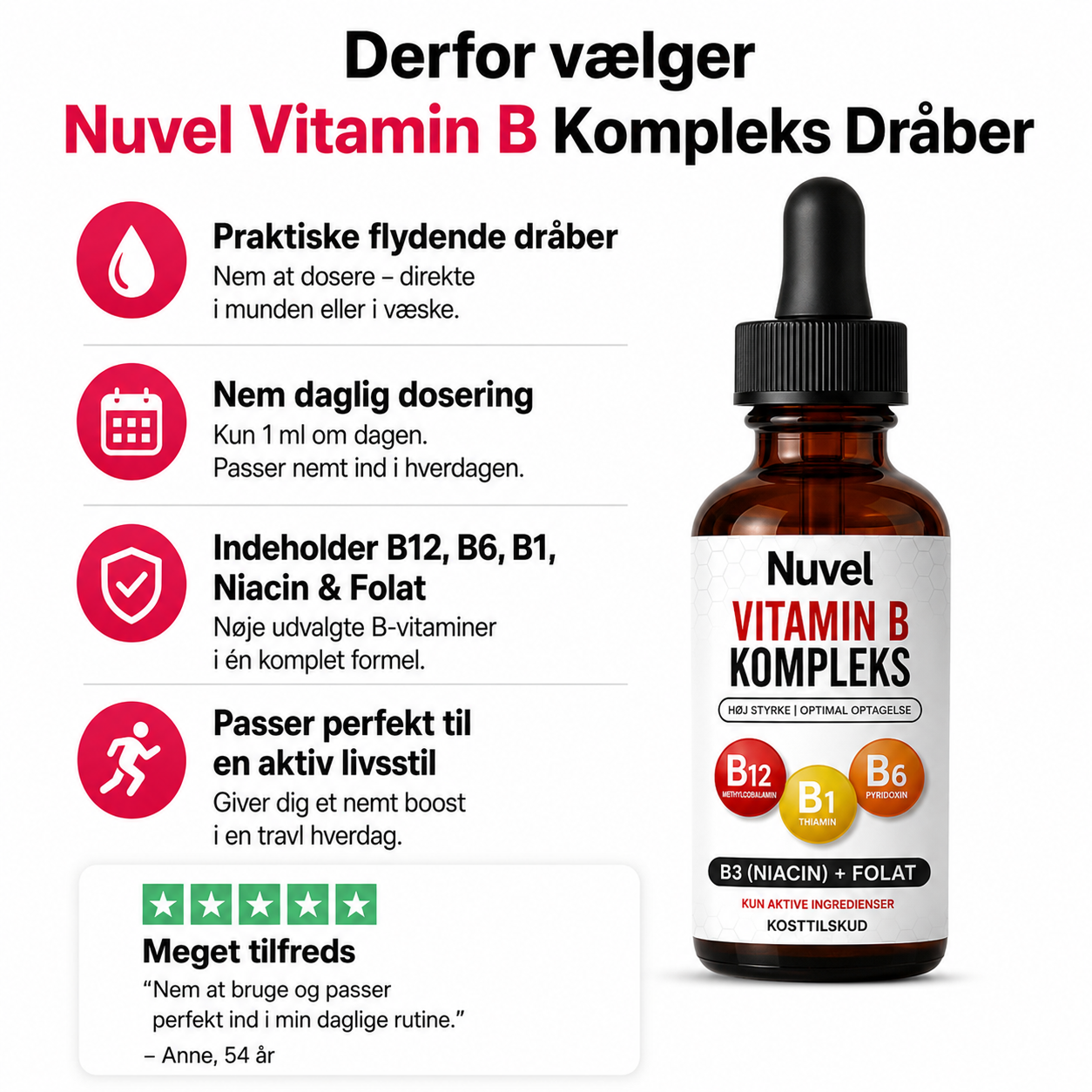 Nuvel Vitamin B-Kompleks Dråber, B12, B6, B3 & Folat i praktiske dråber