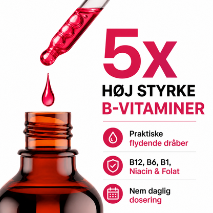 Nuvel Vitamin B-Kompleks Dråber, B12, B6, B3 & Folat i praktiske dråber