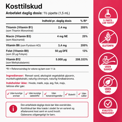 Nuvel Vitamin B-Kompleks Dråber, B12, B6, B3 & Folat i praktiske dråber